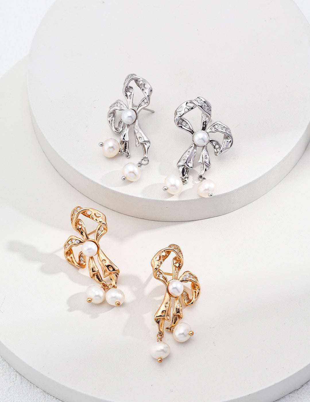 Bow Pearl Earrings with Zircon – 925 Sterling Silver, 18K Retro Gold / 18K White Gold - TAMO Jewellery
