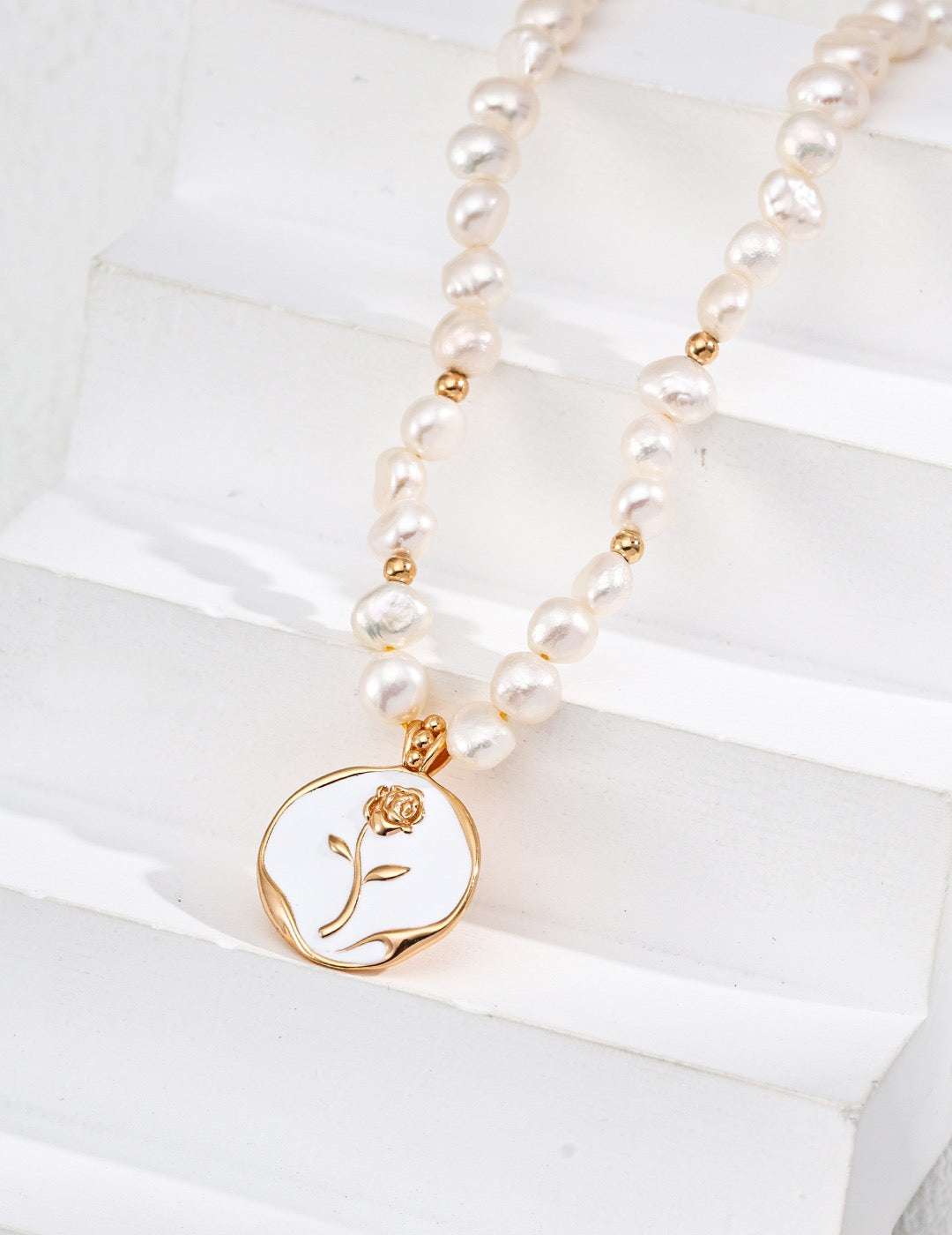 Rose Reverie Collection|S925 Silver Rose Enamel Pendant Necklace with Natural Pearl - TAMO Jewellery