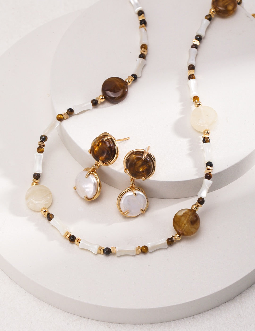 Coffee & Cream Pearl Drop Earrings – 925 Sterling Silver, Retro Gold - TAMO Jewellery