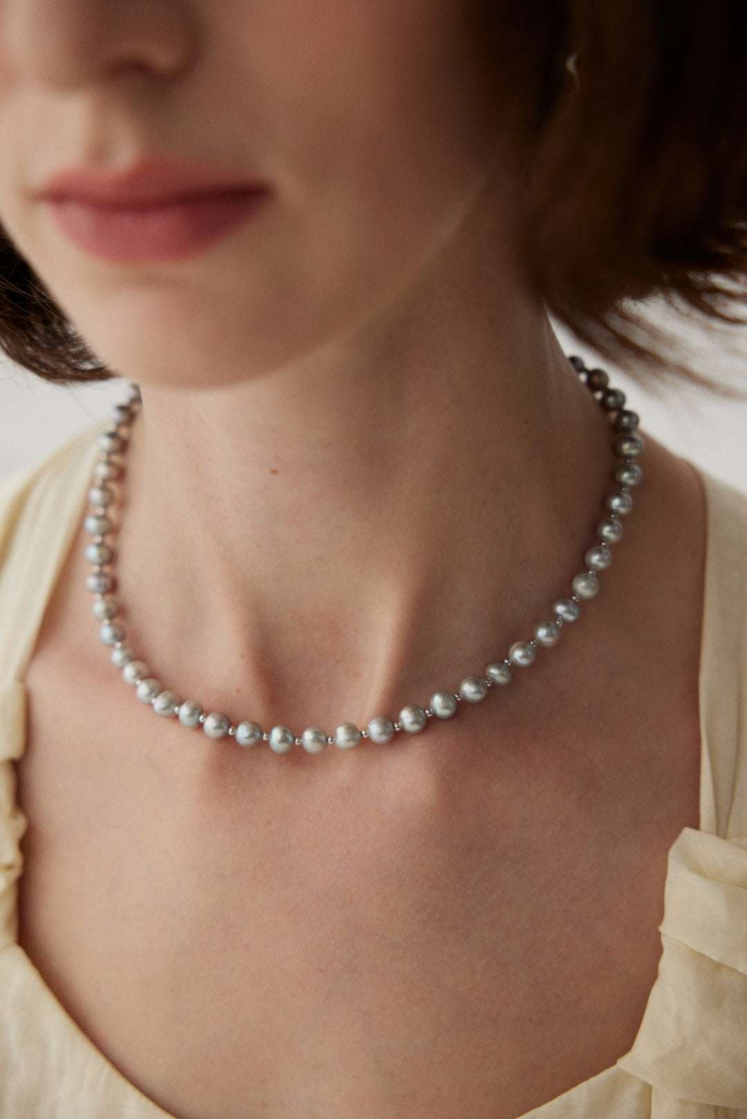 S925 Silver White Gold Pearl Necklace – 6.3mm Freshwater Pearls, Adjustable 37+7cm