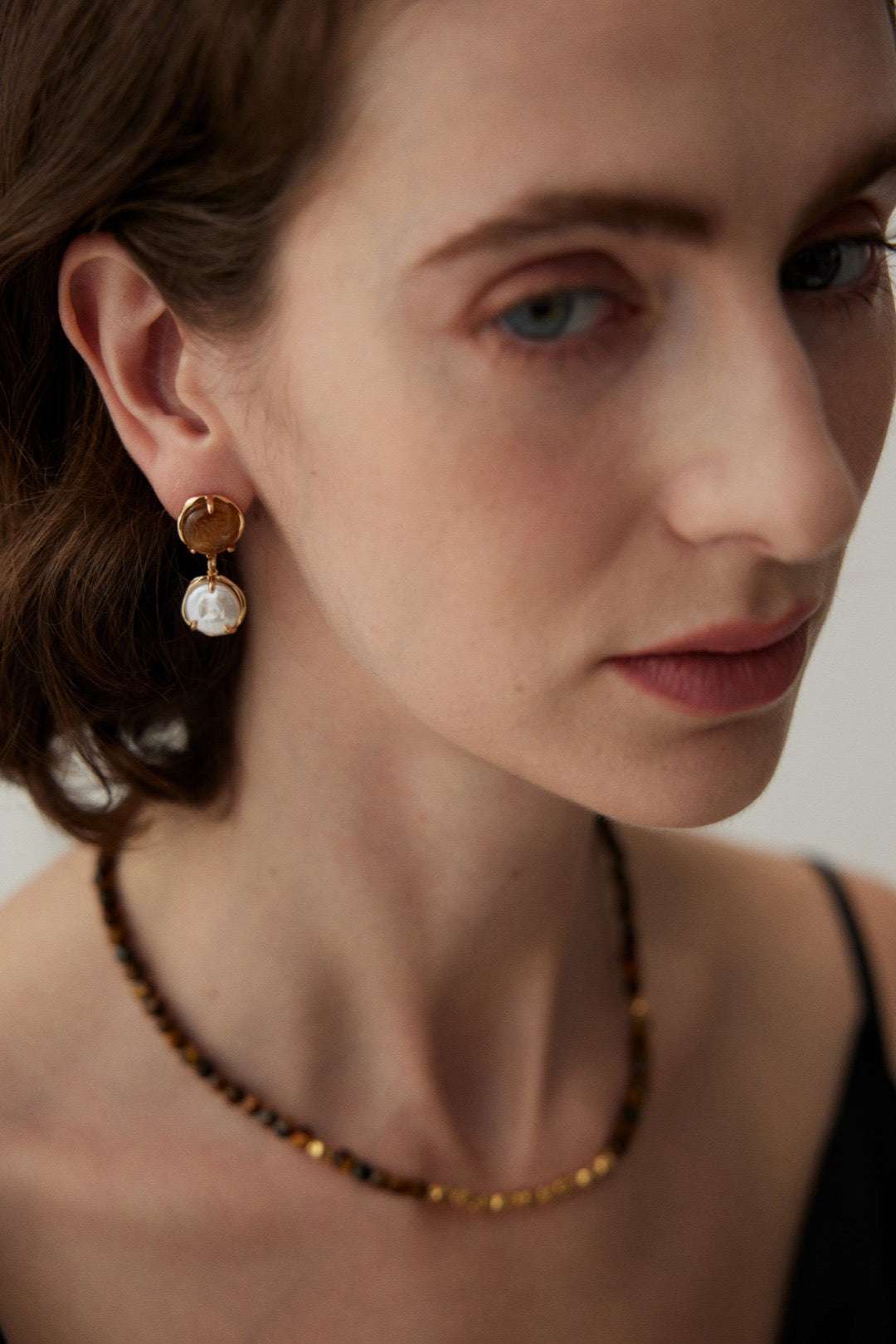Coffee & Cream Pearl Drop Earrings – 925 Sterling Silver, Retro Gold - TAMO Jewellery