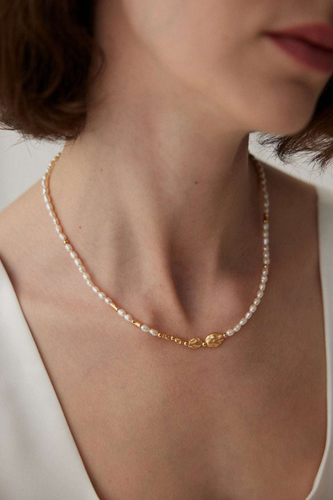 Natural Texture Pearl Necklace – 925 Sterling Silver, 18K Retro Gold