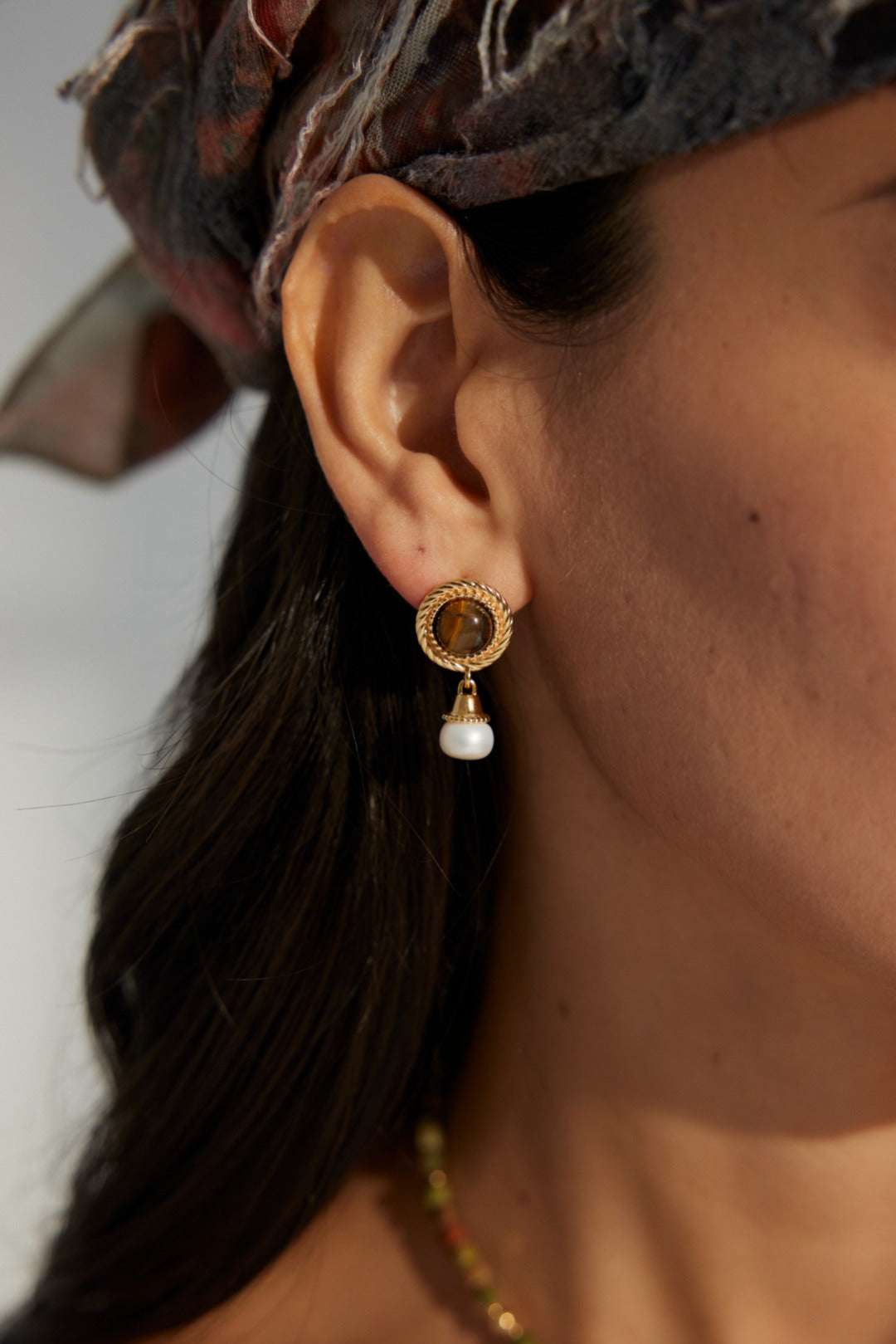 Tiger Eye & Pearl Drop Earrings – 925 Sterling Silver, 18K Retro Gold - TAMO Jewellery