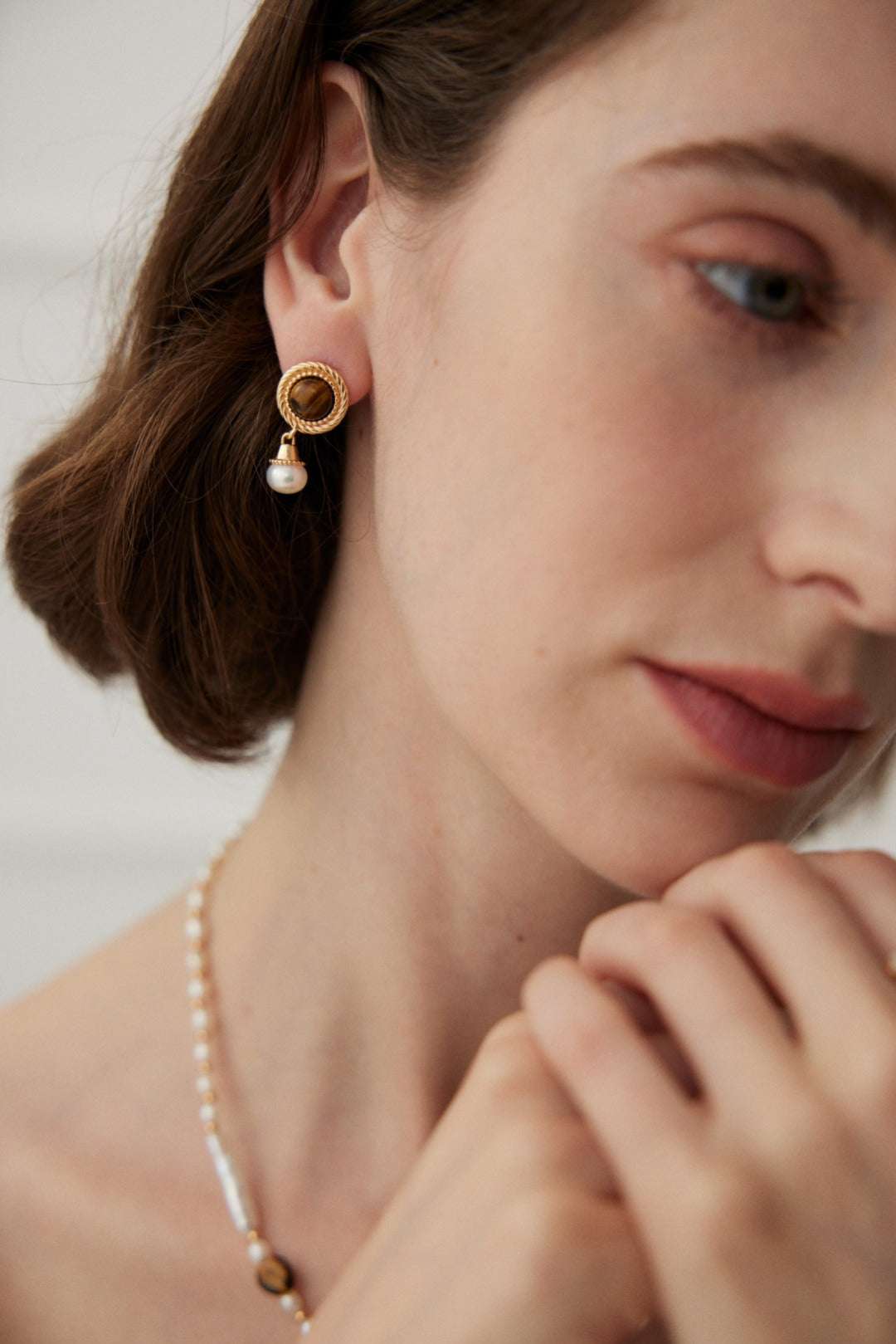 Tiger Eye & Pearl Drop Earrings – 925 Sterling Silver, 18K Retro Gold - TAMO Jewellery