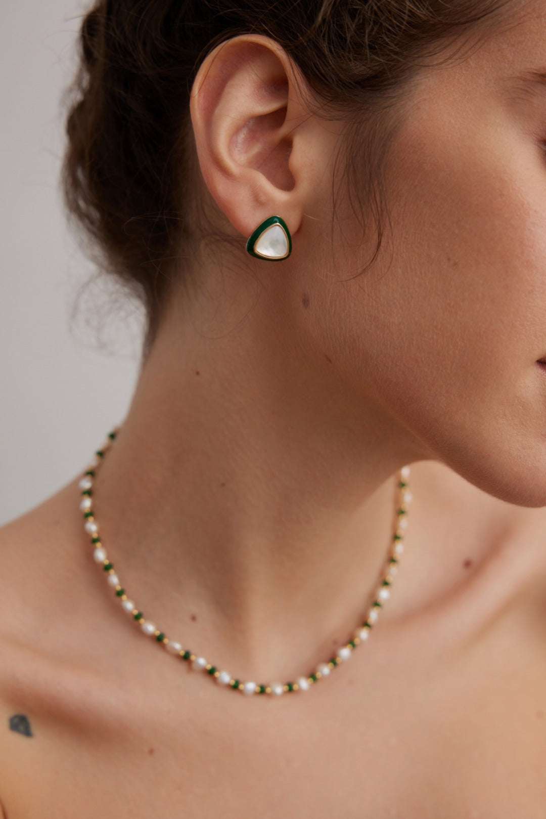 S925 Silver Pearl & Green Gemstone Necklace – 37+6cm Adjustable