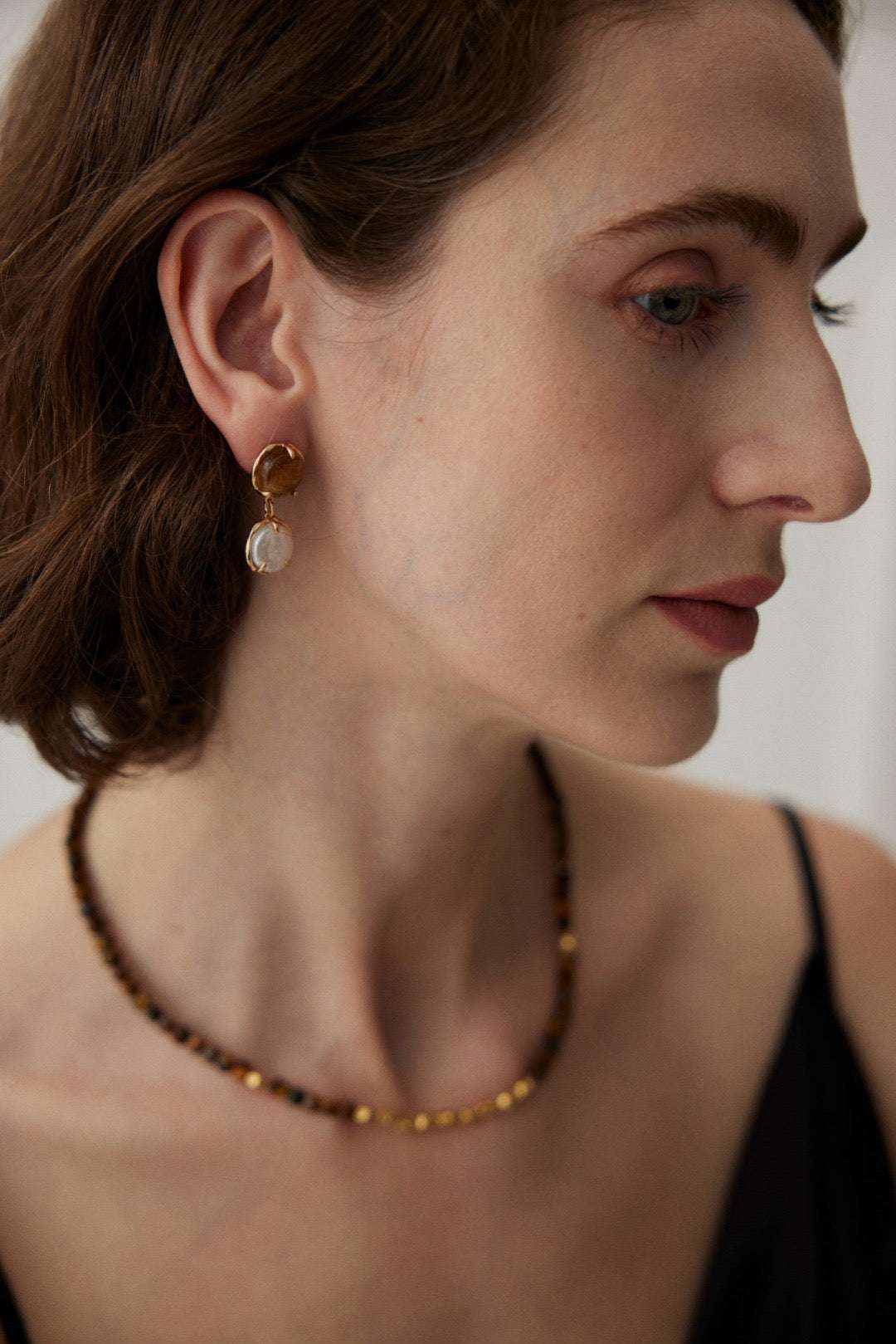 Coffee & Cream Pearl Drop Earrings – 925 Sterling Silver, Retro Gold - TAMO Jewellery