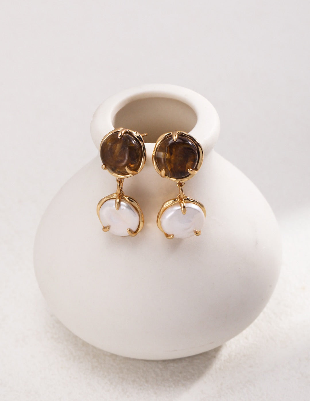 Coffee & Cream Pearl Drop Earrings – 925 Sterling Silver, Retro Gold - TAMO Jewellery
