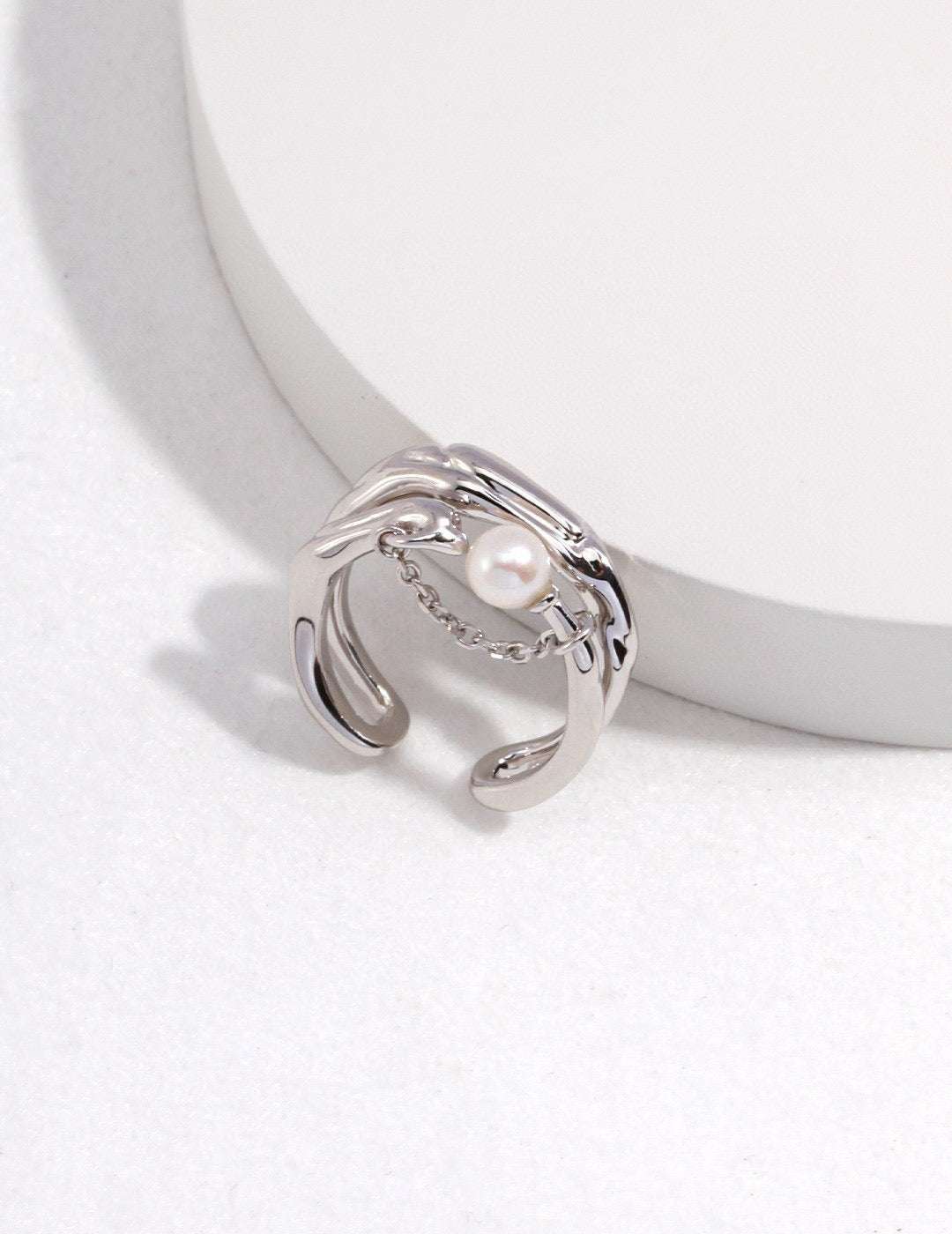 S925 Silver Fluid Design Pearl Ring – Adjustable Artistic Jewelry