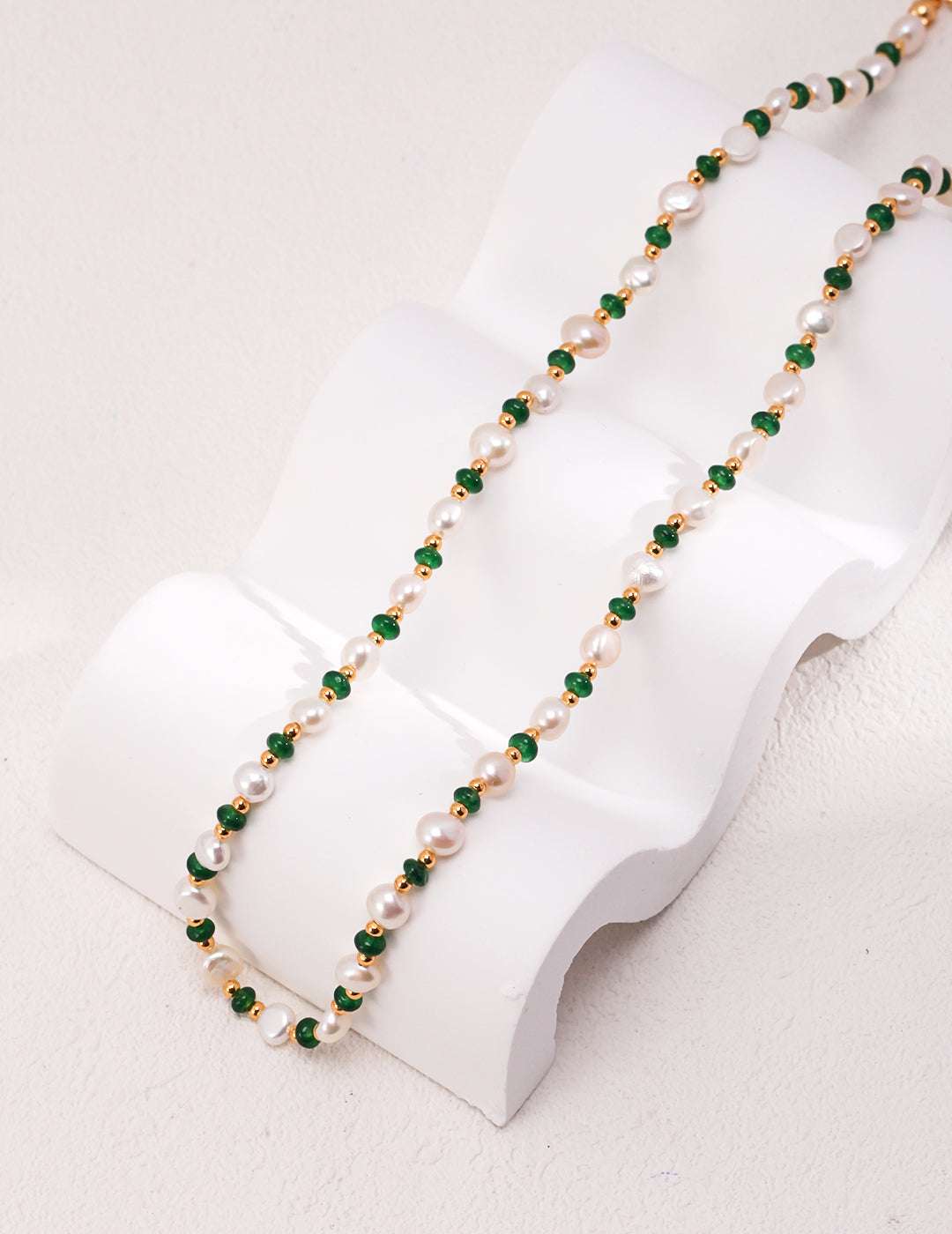 S925 Silver Pearl & Green Gemstone Necklace – 37+6cm Adjustable