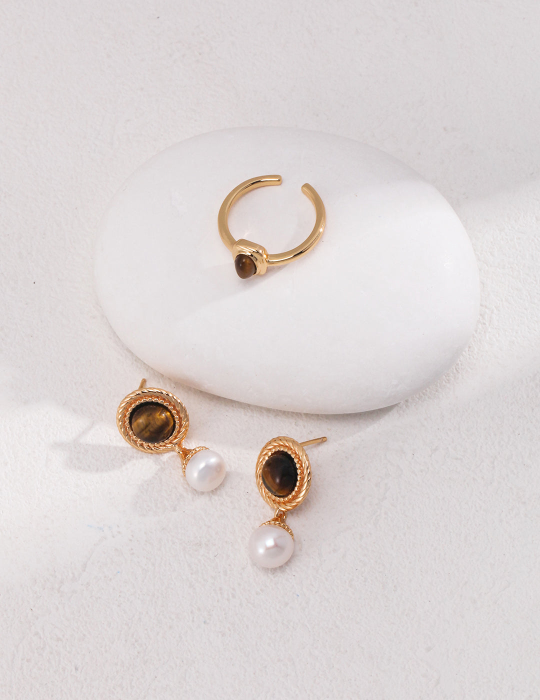 Tiger Eye & Pearl Drop Earrings – 925 Sterling Silver, 18K Retro Gold - TAMO Jewellery