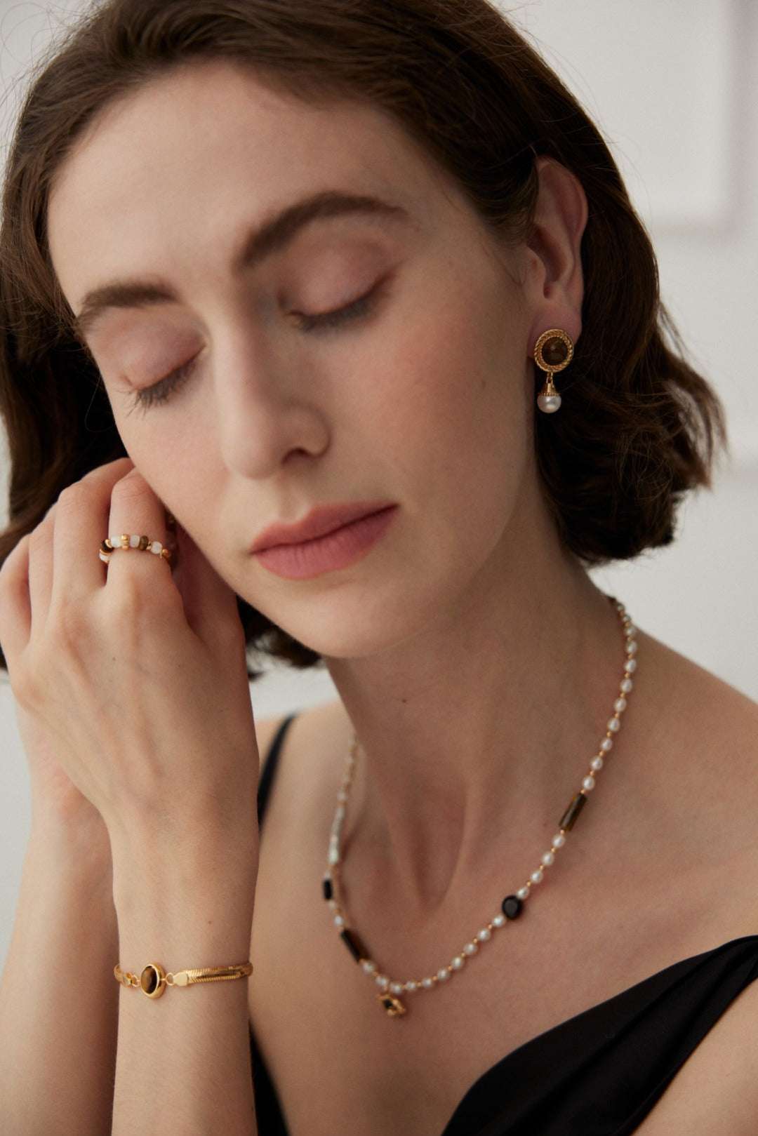 Tiger Eye & Pearl Drop Earrings – 925 Sterling Silver, 18K Retro Gold - TAMO Jewellery