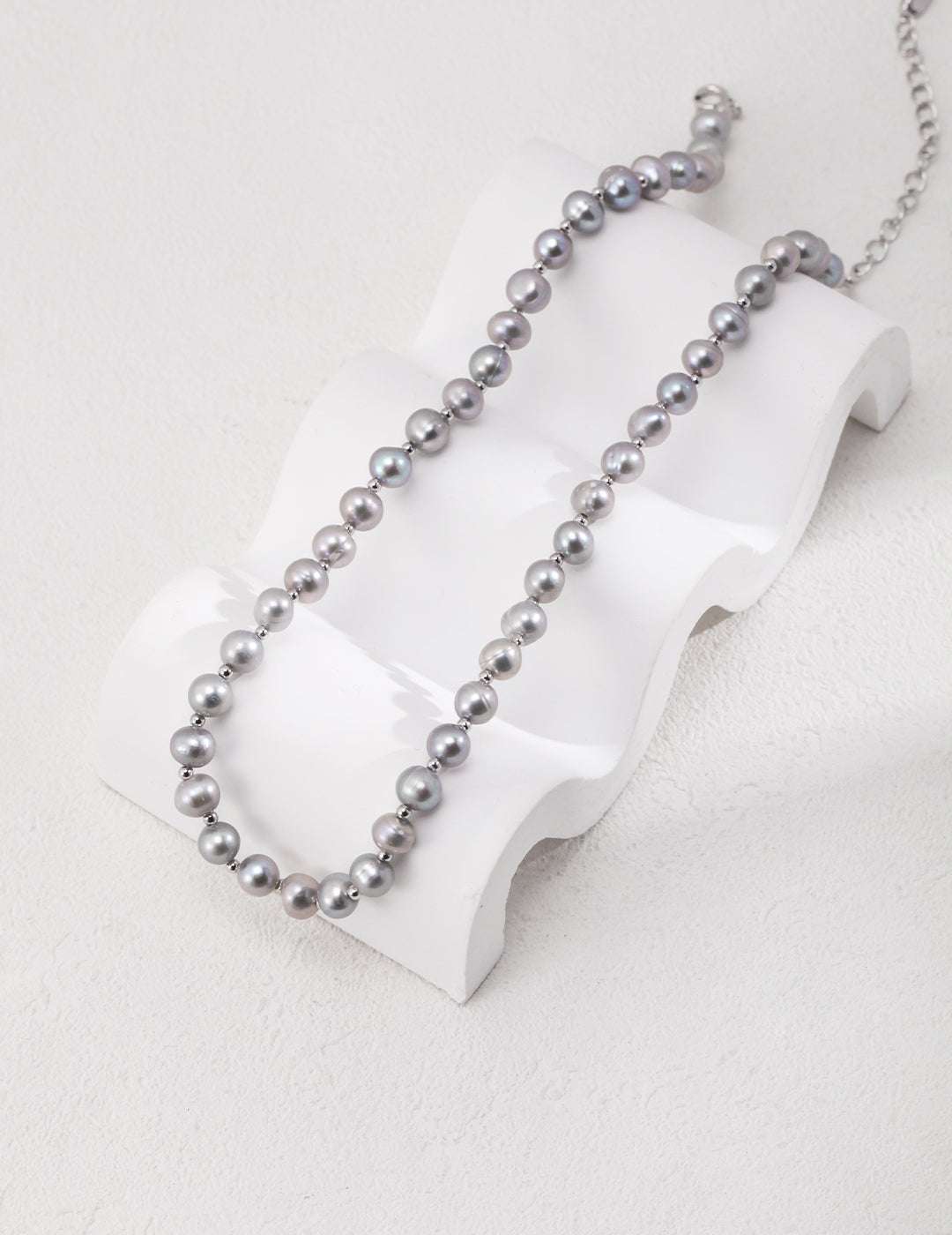 S925 Silver White Gold Pearl Necklace – 6.3mm Freshwater Pearls, Adjustable 37+7cm