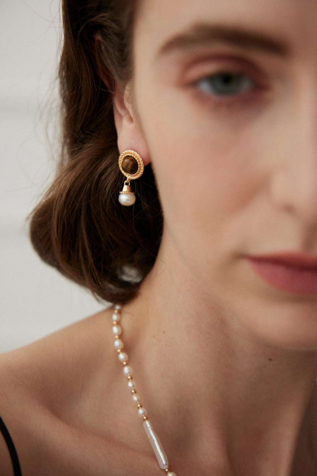 Tiger Eye & Pearl Drop Earrings – 925 Sterling Silver, 18K Retro Gold - TAMO Jewellery