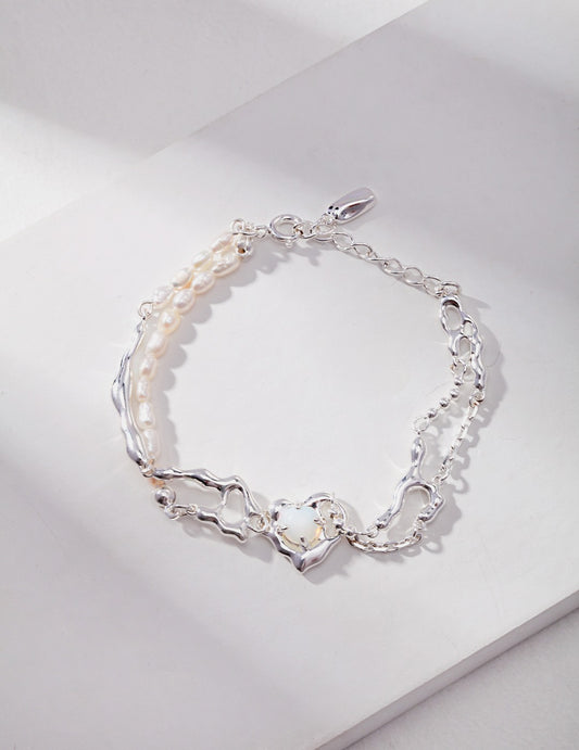 S925 Sterling Silver Opal & Pearl Heart Bracelet (16 + 3 cm)