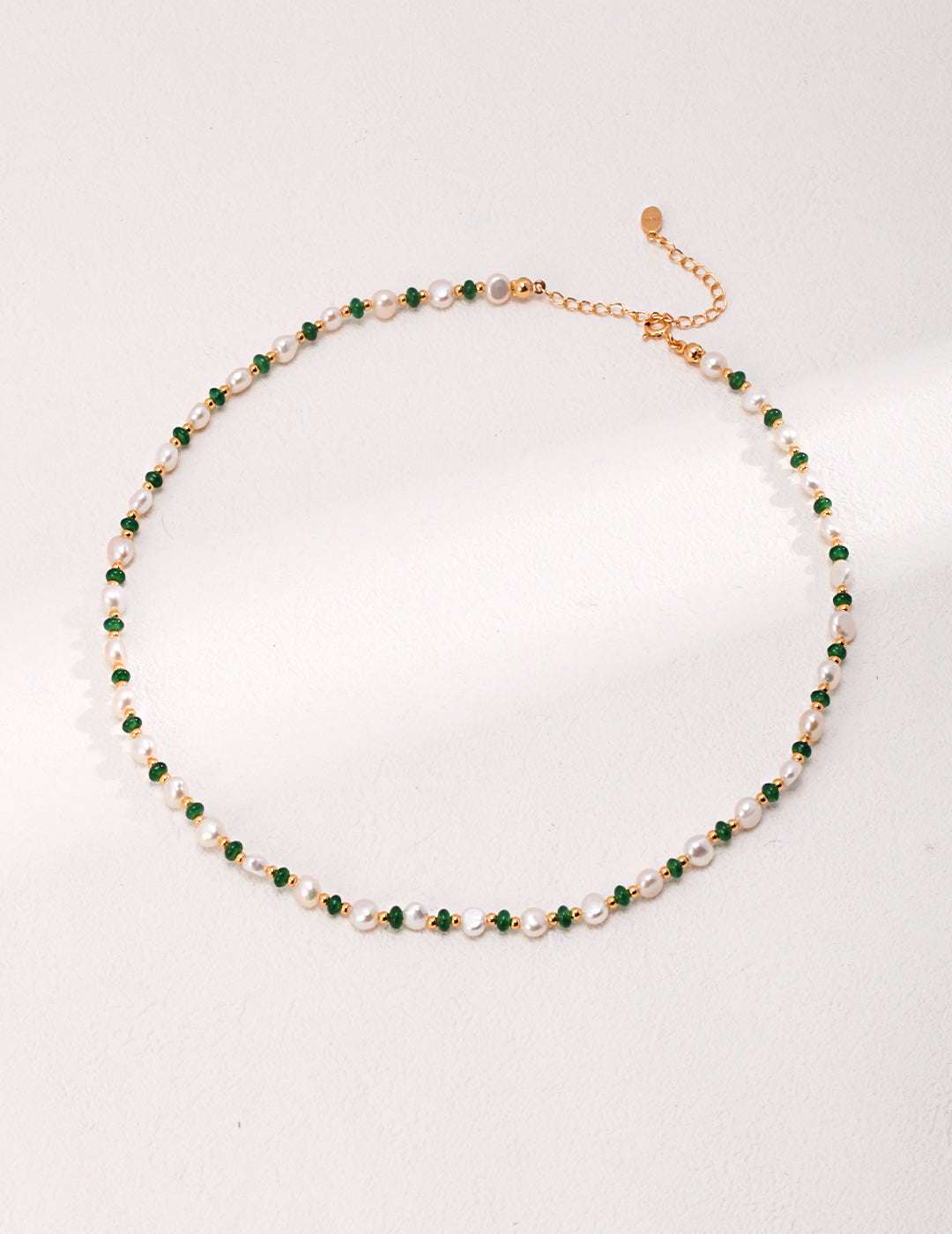 S925 Silver Pearl & Green Gemstone Necklace – 37+6cm Adjustable
