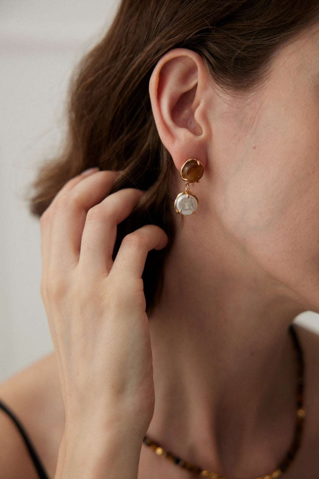 Coffee & Cream Pearl Drop Earrings – 925 Sterling Silver, Retro Gold - TAMO Jewellery