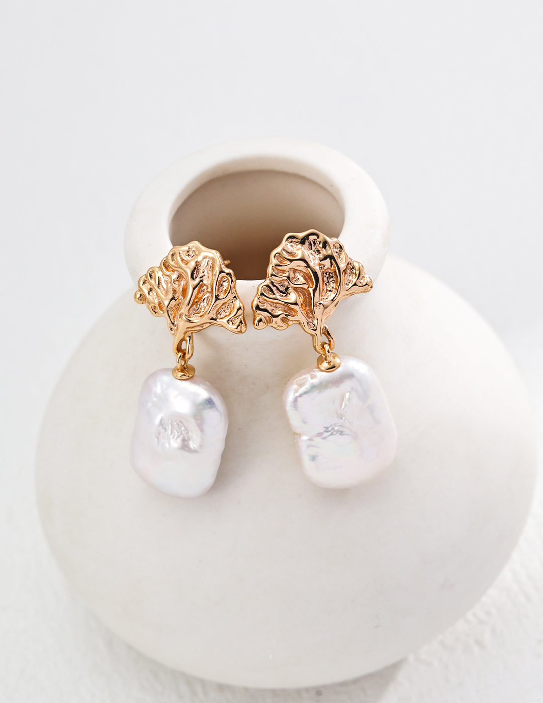 Ginkgo Pearl Drop Earrings – 925 Sterling Silver, 18K Retro Gold - TAMO Jewellery