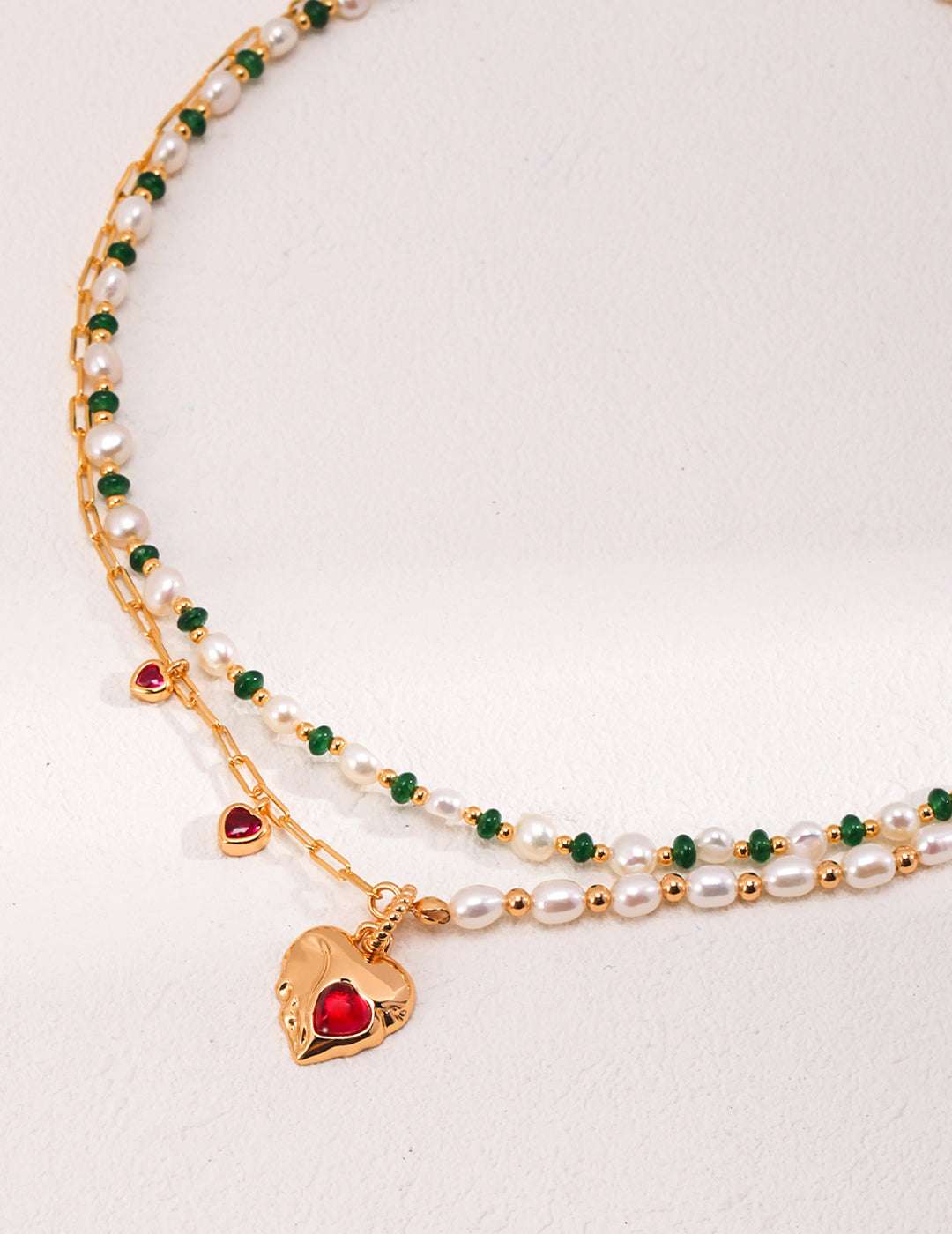 S925 Silver Pearl & Green Gemstone Necklace – 37+6cm Adjustable