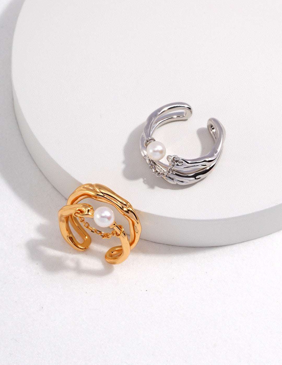 S925 Silver Fluid Design Pearl Ring – Adjustable Artistic Jewelry