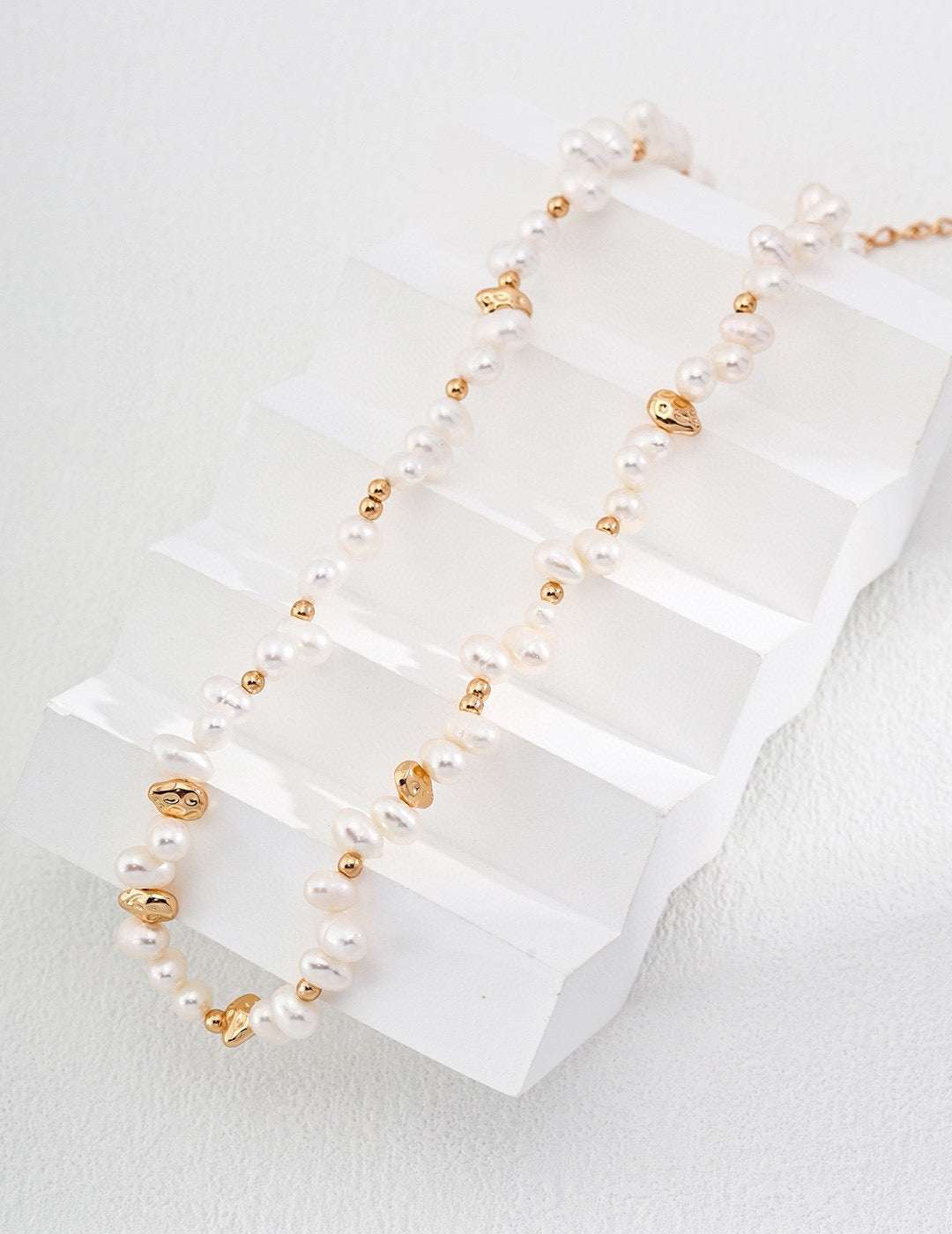 Natural Freshwater Pearl Necklace – 925 Sterling Silver, 18K Retro Gold