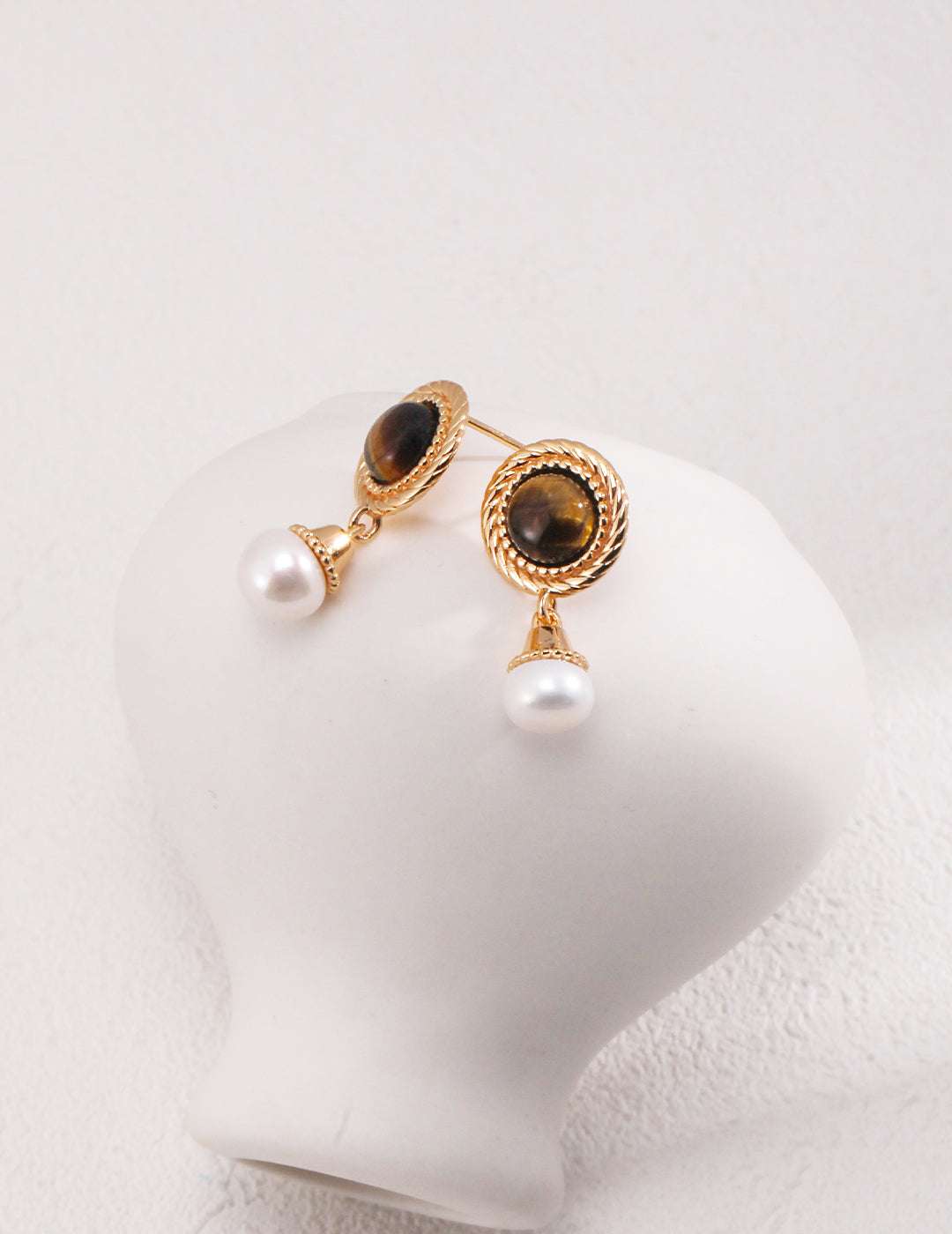 Tiger Eye & Pearl Drop Earrings – 925 Sterling Silver, 18K Retro Gold - TAMO Jewellery