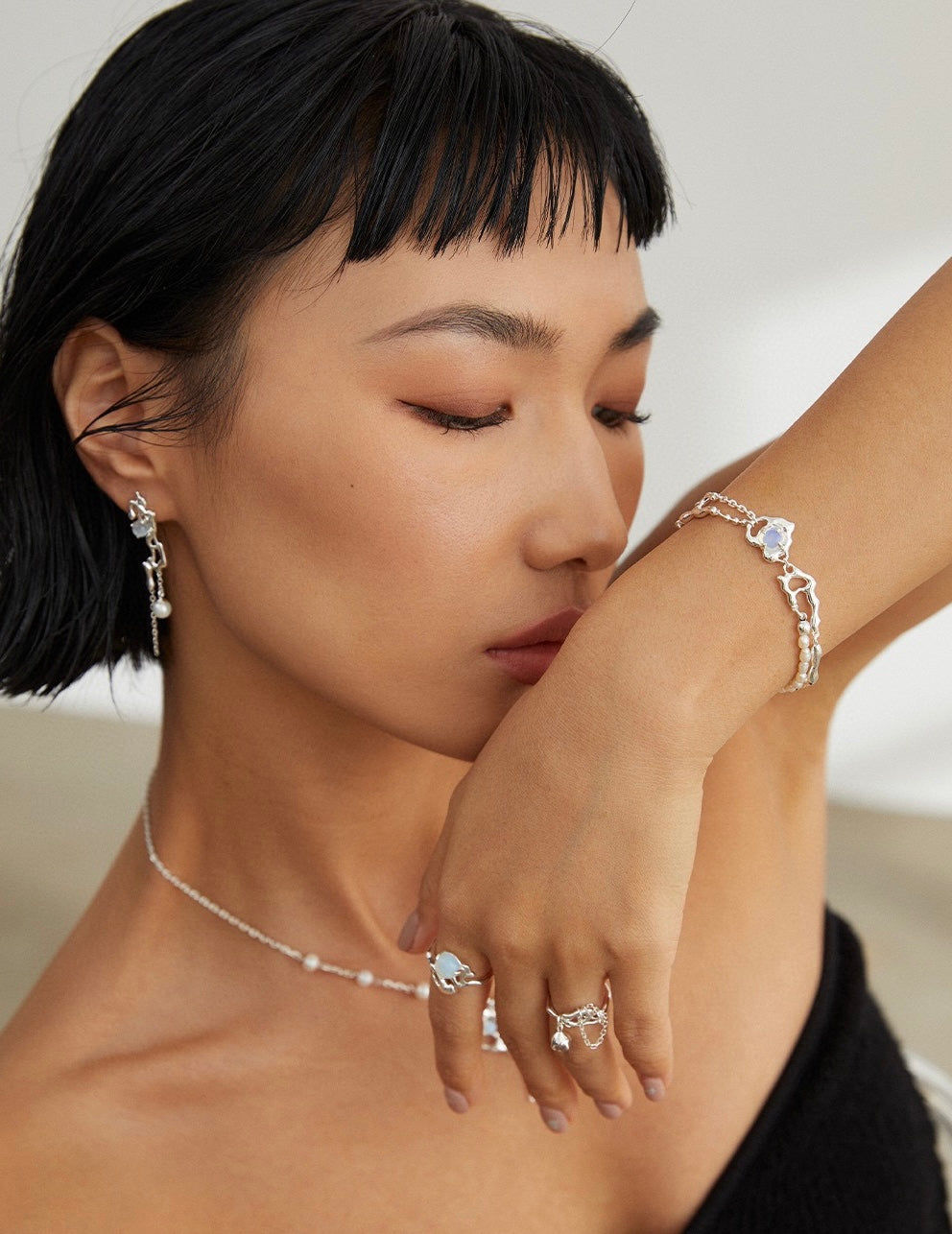 S925 Sterling Silver Opal & Pearl Heart Bracelet (16 + 3 cm)