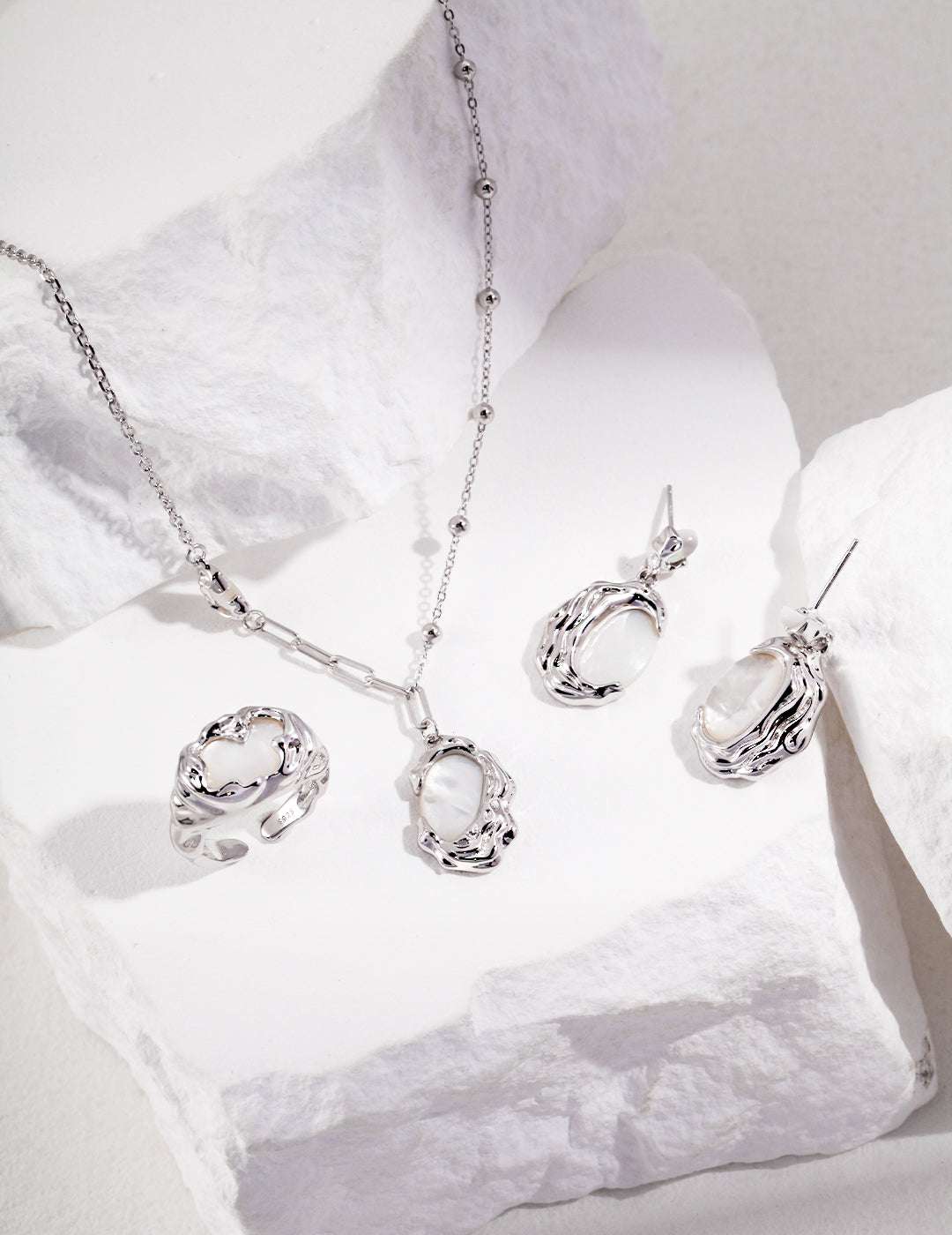 Molten Lava Mother of Pearl Gift Set – Necklace & Earrings (Ring Optional), 925 Sterling Silver, 18K White Gold / 18K Retro Gold
