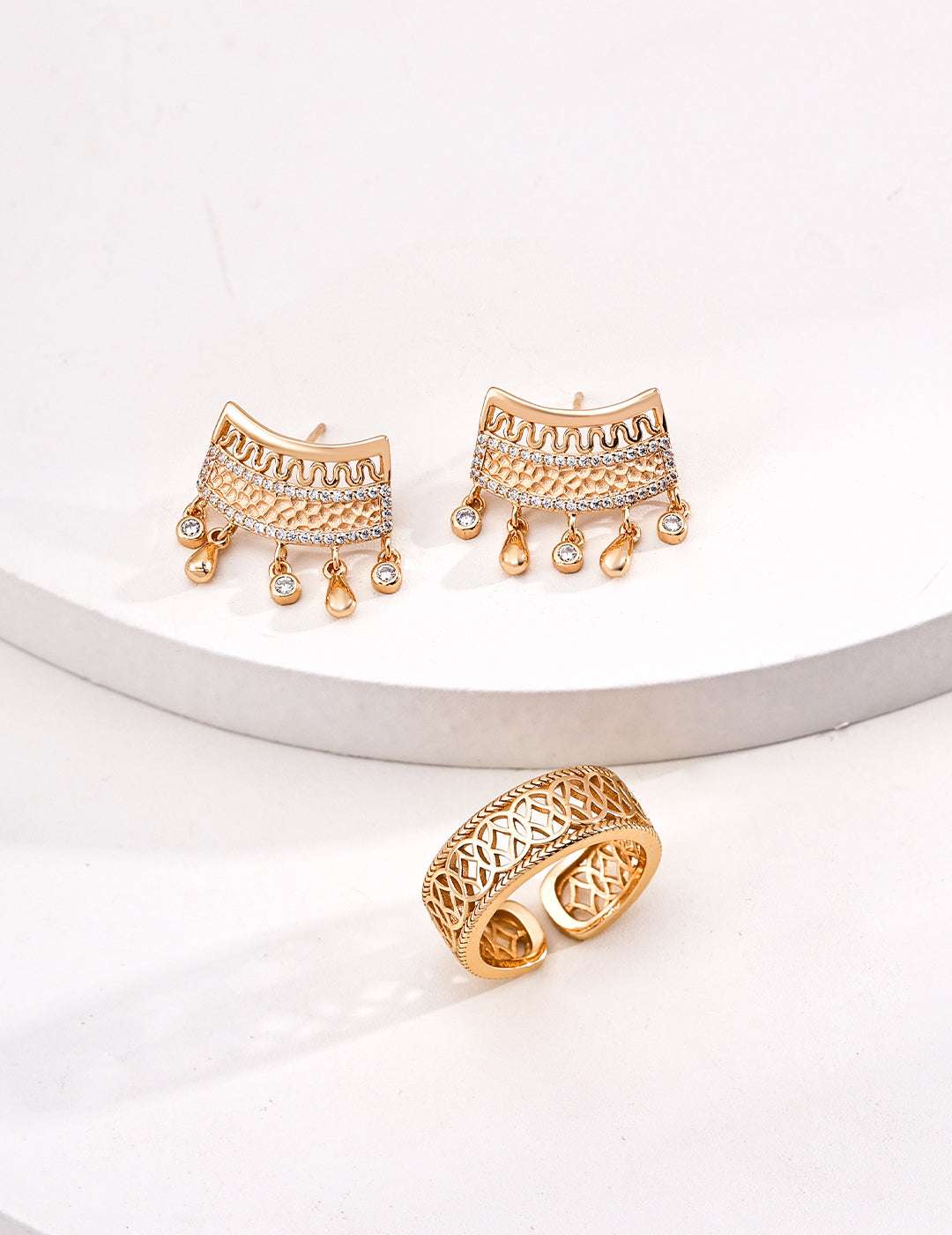Vintage Zircon Jewellery Set – Necklace & Earrings, Optional Adjustable Ring | 925 Sterling Silver, 18K Retro Gold / White Gold