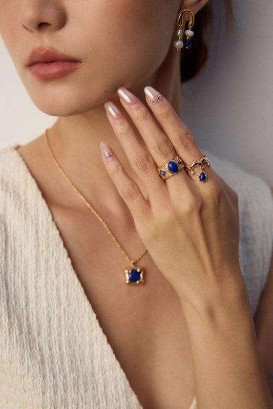 S925 Silver Vintage Lapis Lazuli & Zircon Ring – Adjustable Gold Finish