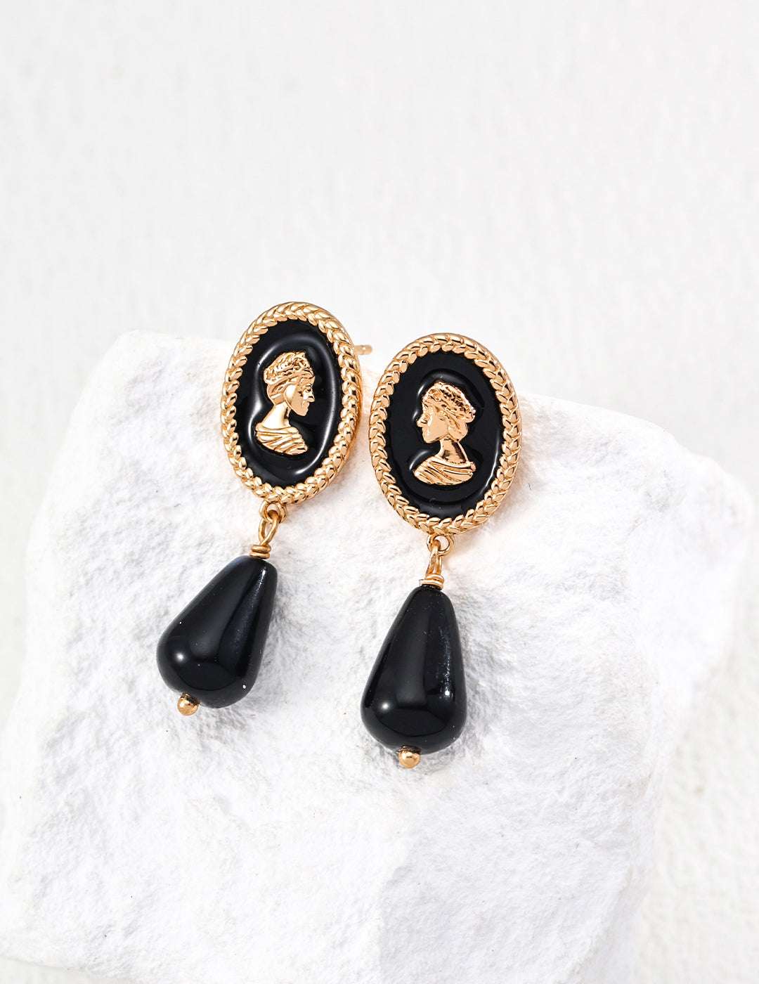 Vintage Black Cameo Drop Earrings – 925 Sterling Silver, 18K Retro Gold