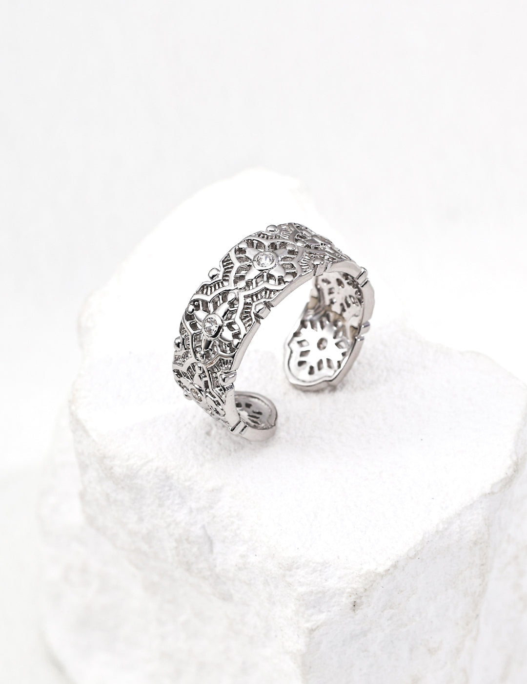 Vintage Zircon Ring – Adjustable 925 Sterling Silver, 18K Retro Gold / 18K White Gold