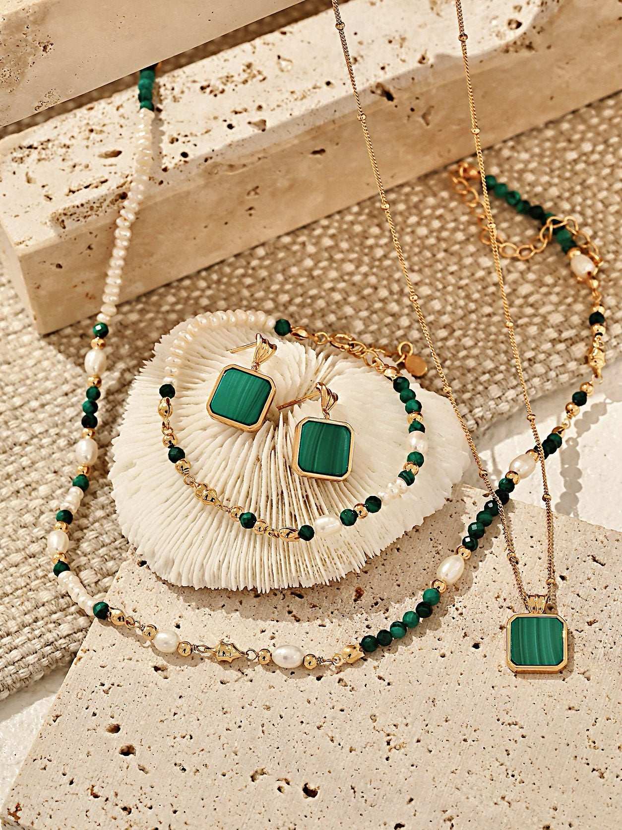 Malachite Drop Earrings – 925 Sterling Silver, 18K Retro Gold