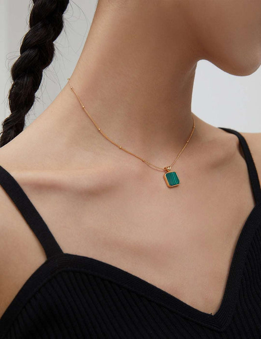 Malachite Jewellery Set – Necklace & Earrings, 925 Sterling Silver, 18K Retro Gold