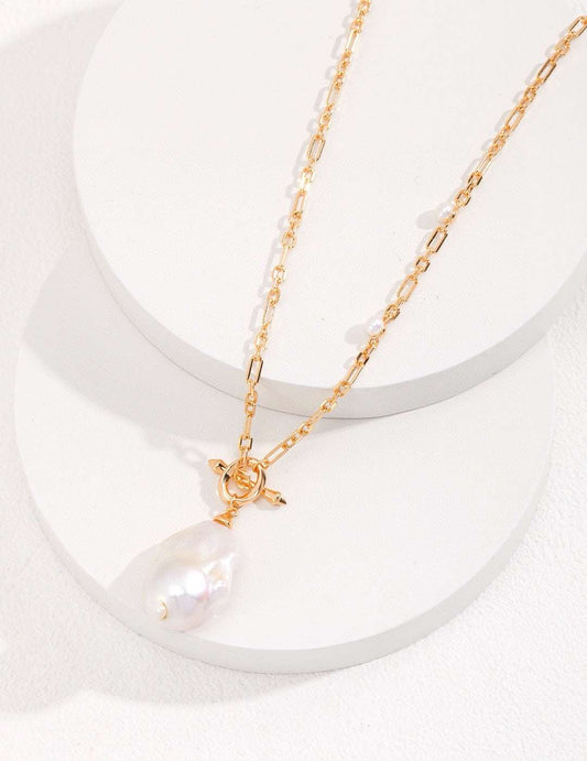 Baroque Pearl Long Necklace – 925 Sterling Silver, 18K Retro Gold