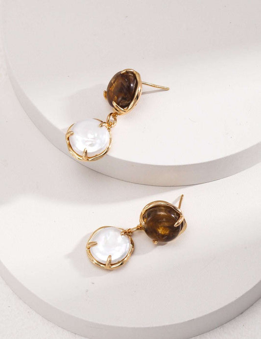 Coffee & Cream Pearl Drop Earrings – 925 Sterling Silver, Retro Gold - TAMO Jewellery