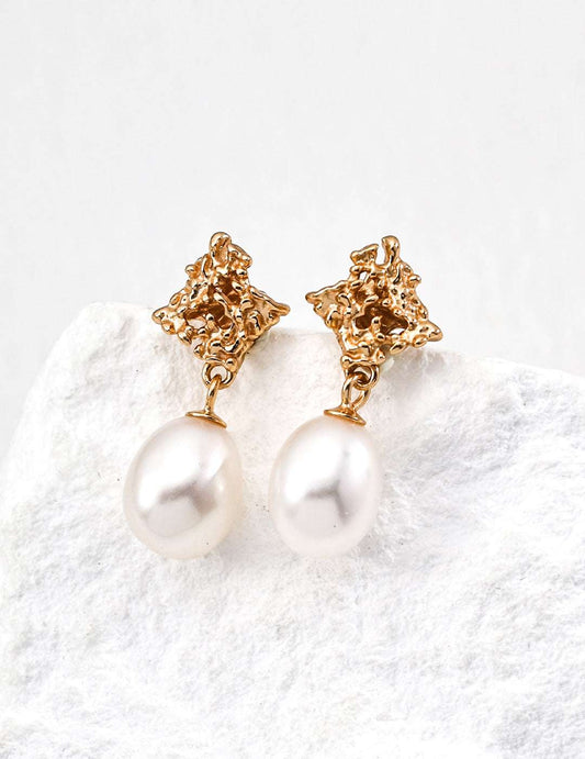 Vintage Pearl Drop Earrings – 925 Sterling Silver, Retro Gold