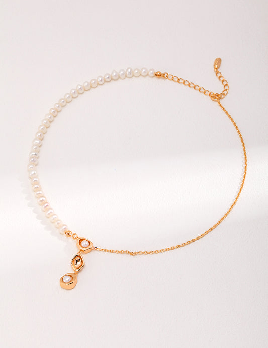 S925 Sterling Silver Pearl Necklace with Geometric Pendant (38 + 3 cm)