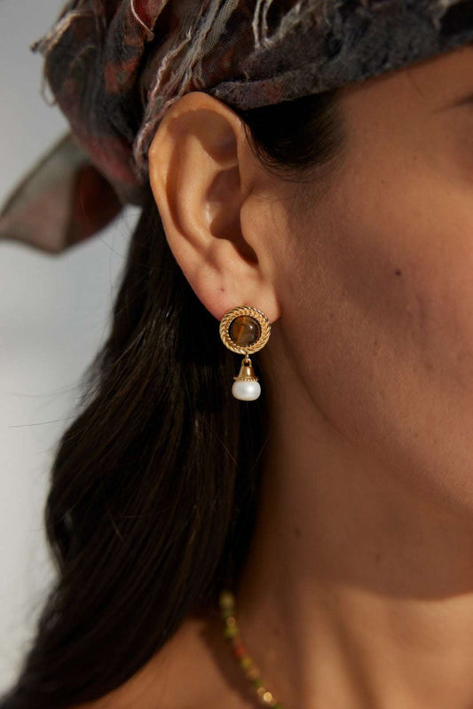 Tiger Eye & Pearl Drop Earrings – 925 Sterling Silver, 18K Retro Gold - TAMO Jewellery