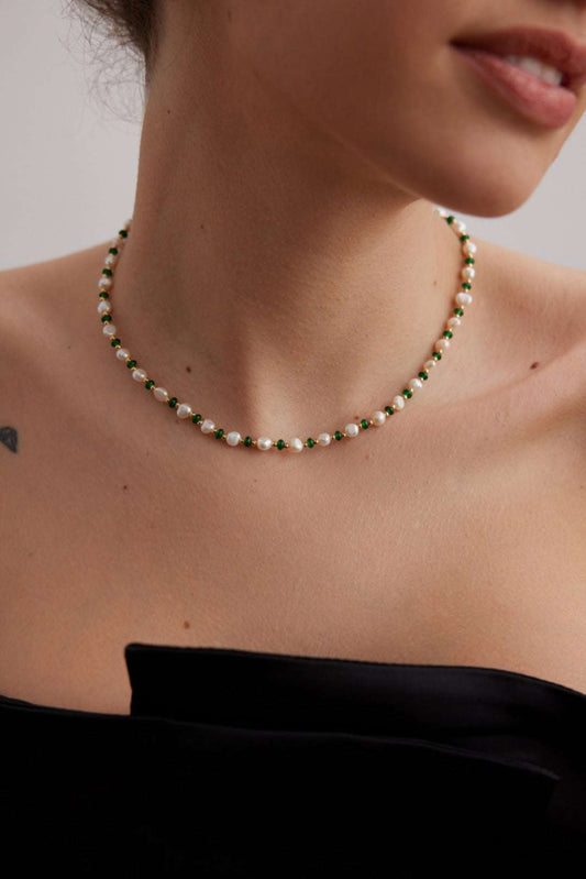 S925 Silver Pearl & Green Gemstone Necklace – 37+6cm Adjustable