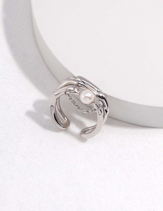 S925 Silver Fluid Design Pearl Ring – Adjustable Artistic Jewelry