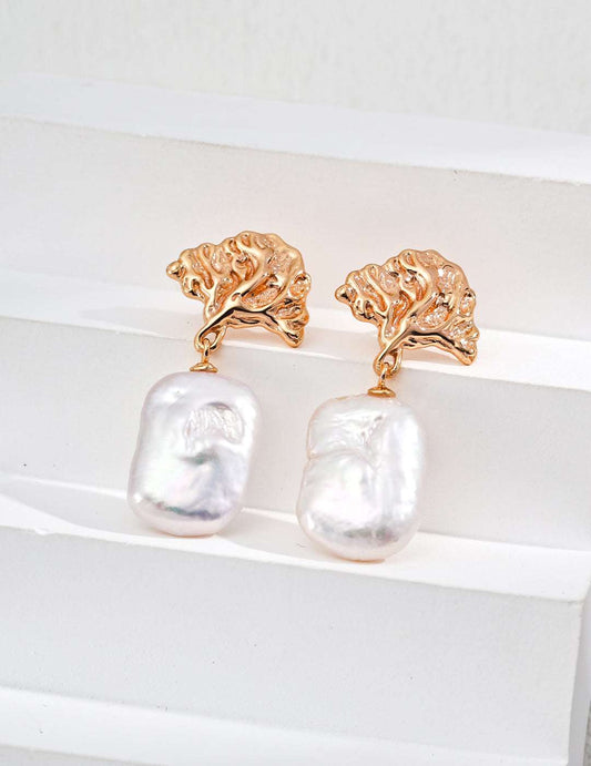 Ginkgo Pearl Drop Earrings – 925 Sterling Silver, 18K Retro Gold - TAMO Jewellery