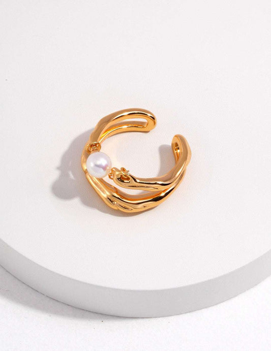 S925 Silver Fluid Design Pearl Ring – Adjustable Artistic Jewelry