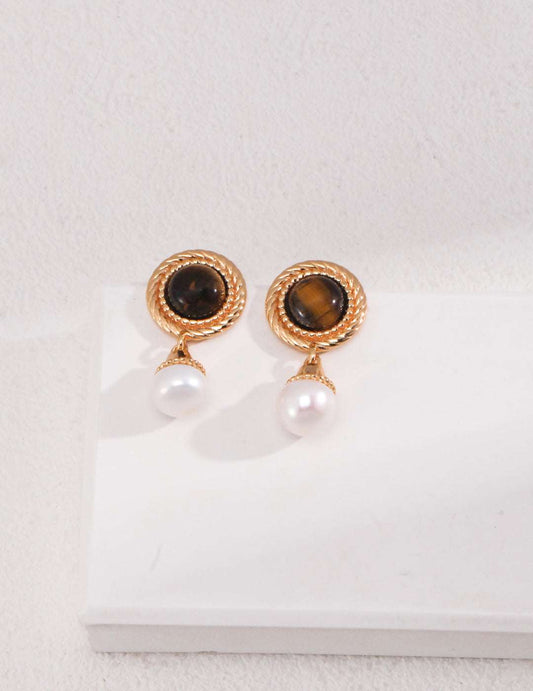 Tiger Eye & Pearl Drop Earrings – 925 Sterling Silver, 18K Retro Gold - TAMO Jewellery