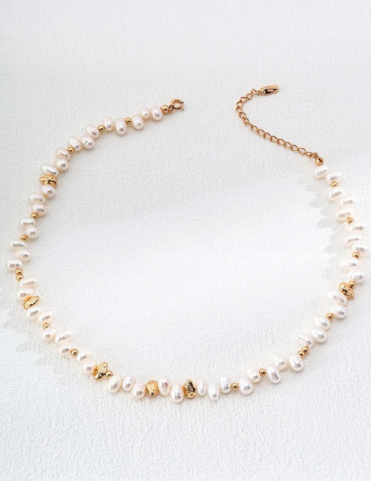 Natural Freshwater Pearl Necklace – 925 Sterling Silver, 18K Retro Gold
