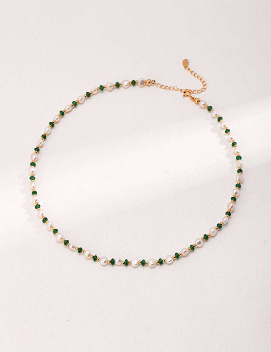 S925 Silver Pearl & Green Gemstone Necklace – 37+6cm Adjustable