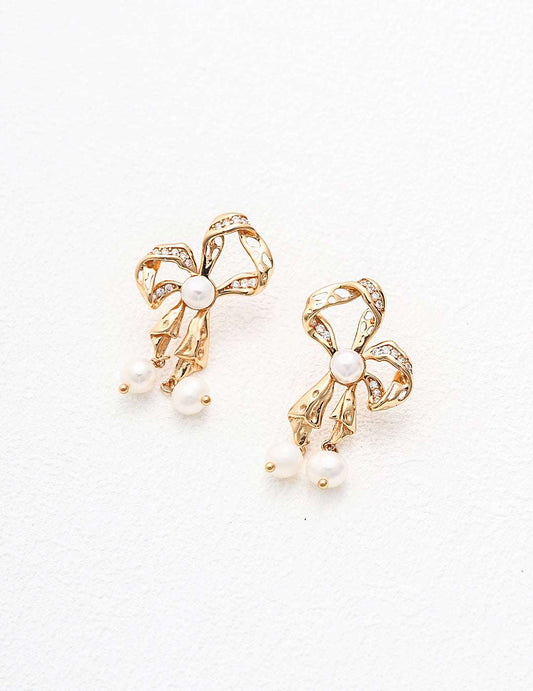Bow Pearl Earrings with Zircon – 925 Sterling Silver, 18K Retro Gold / 18K White Gold - TAMO Jewellery