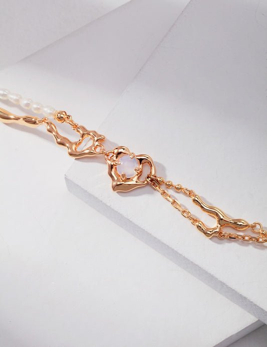 S925 Sterling Silver Opal & Pearl Heart Bracelet (16 + 3 cm)