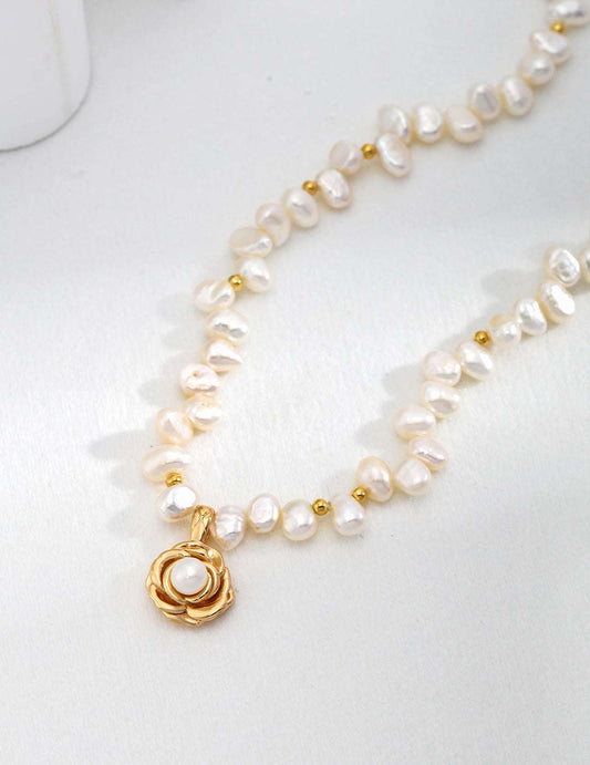 S925 Silver Camellia Pearl Pendant Necklace – Natural Freshwater Pearls, Adjustable 36+7cm