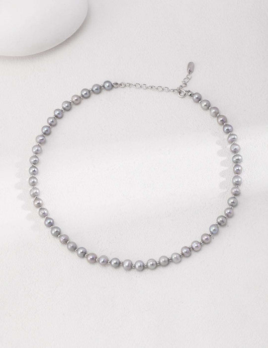 S925 Silver White Gold Pearl Necklace – 6.3mm Freshwater Pearls, Adjustable 37+7cm