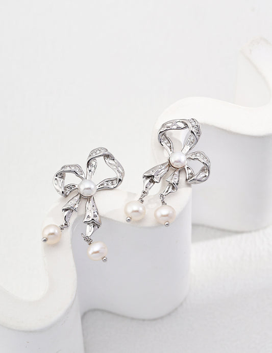 Bow Pearl Earrings with Zircon – 925 Sterling Silver, 18K Retro Gold / 18K White Gold - TAMO Jewellery
